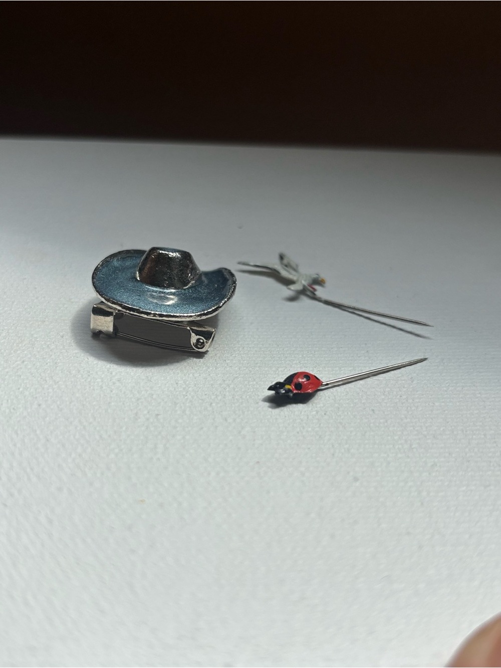 Cowboy Hat Pin and Red Ladybug Stick Pin and seagull stick pin